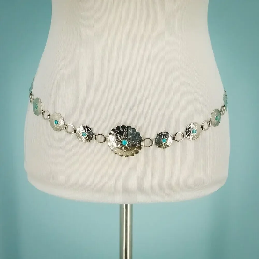Silver Tone Carved Etched Metal Turquoise Cabochon Chain Southwest Style Belt